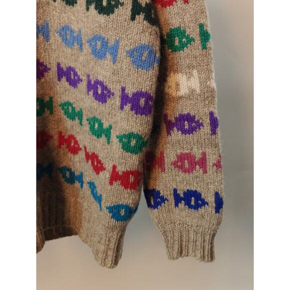 Vintage Ewenique Wool Tan Fish Print Crew Neck Thick Chunky Pullover Sweater - Picture 3 of 10
